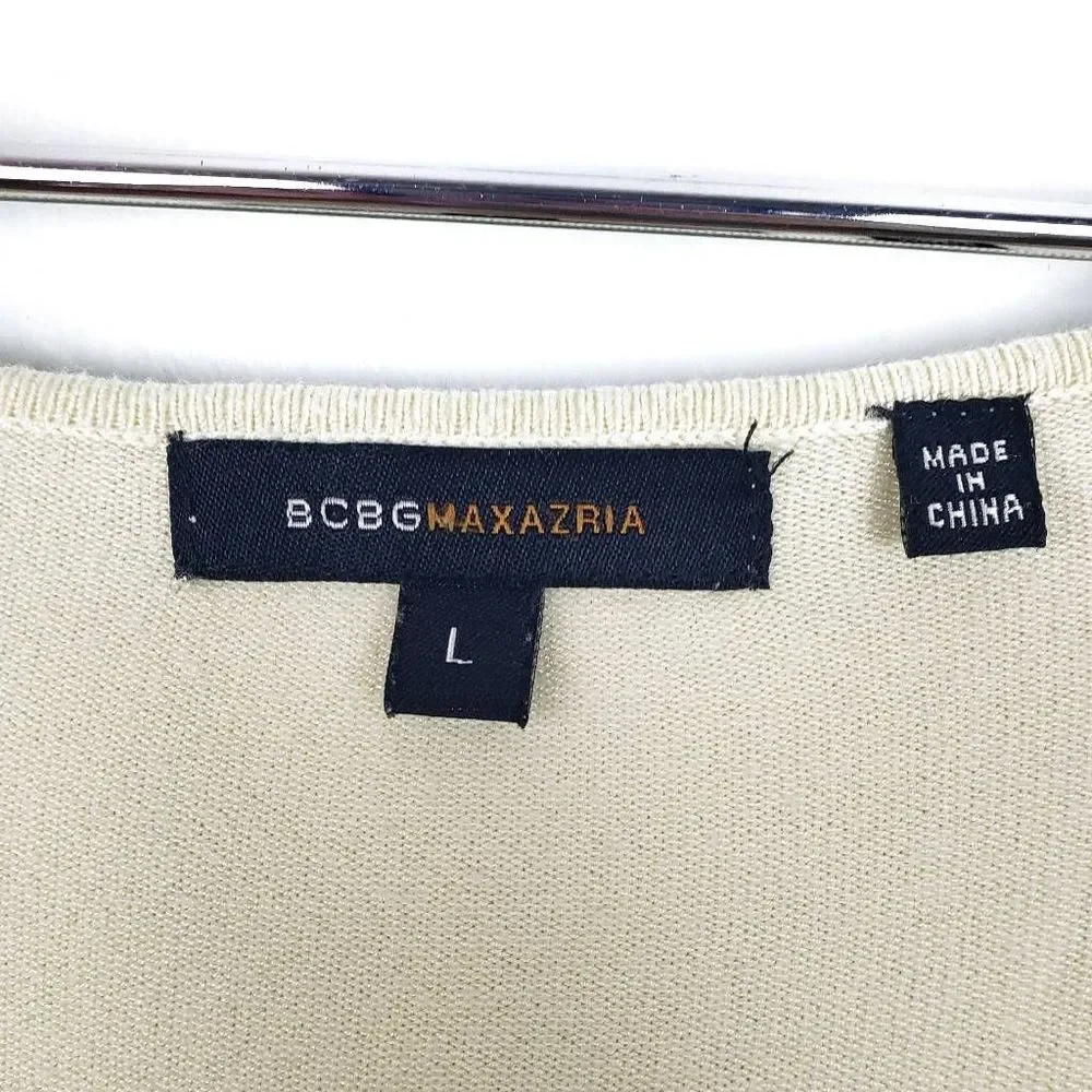 BCBG MAX AZRIA Canary Yellow Silk Eyelet Long Sleeve V Neck Knit Sweater Large - Picture 3 of 7